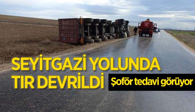 Seyitgazi’de yol kenarın devrilen tırın sürücüsü yaralandı